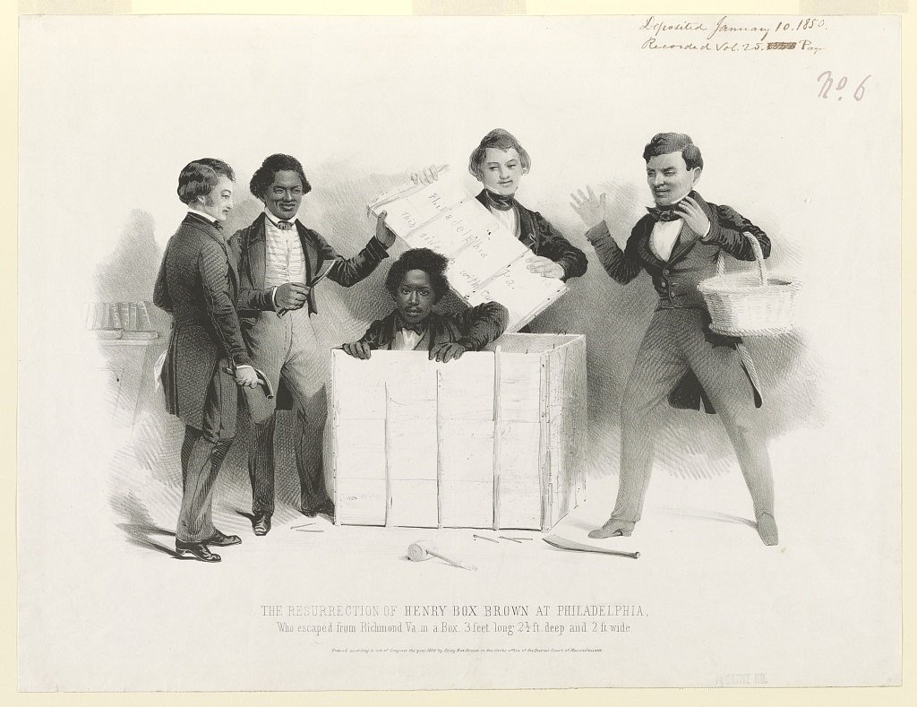 c.1850 lithograph showing Brown emerging from the shipping crate in an abolitionist office