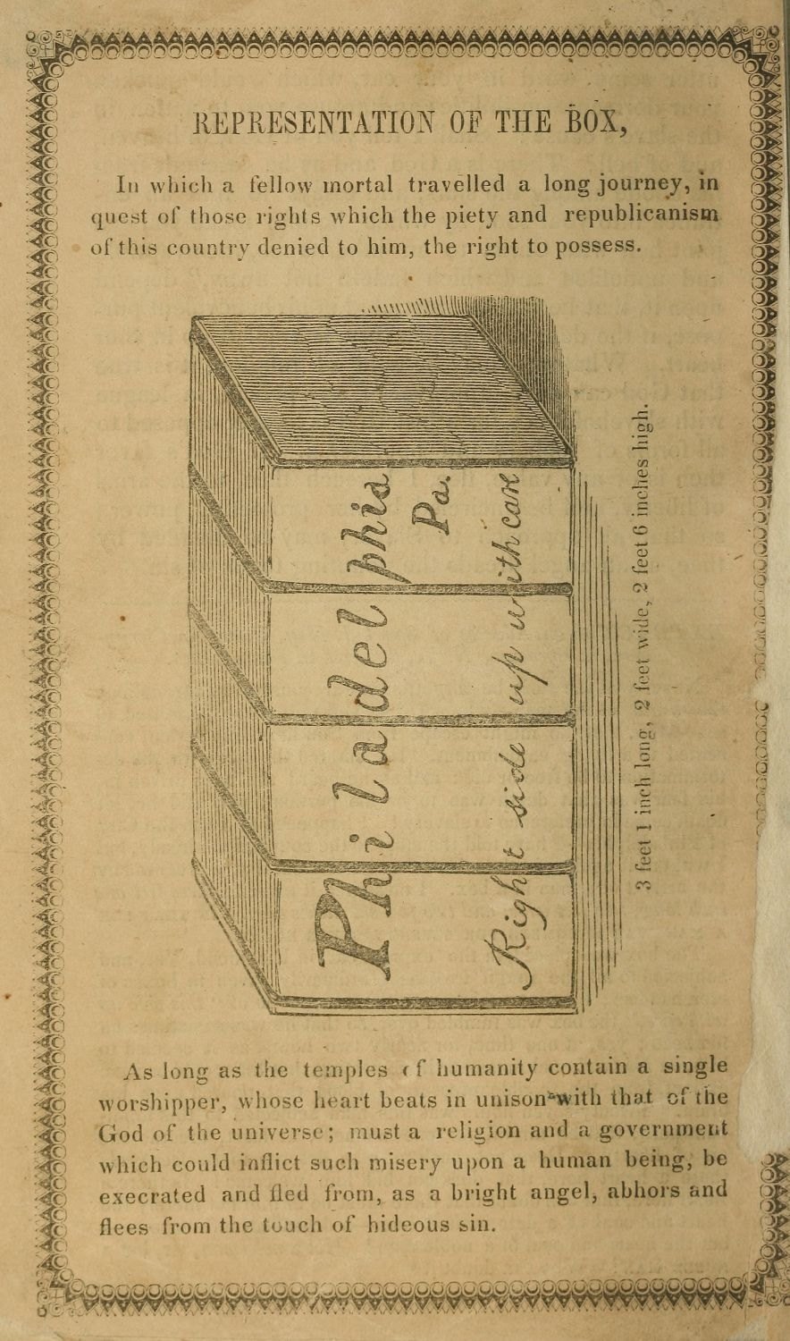 1849 woodcut or engraving depicting the box and its dimensions
