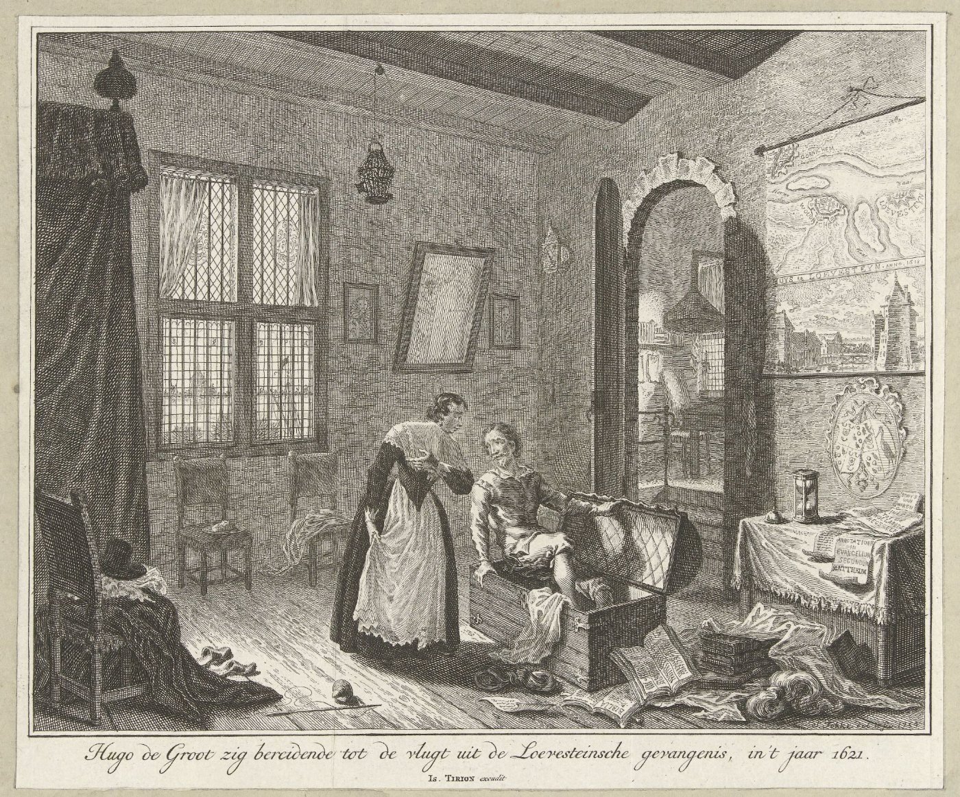 1754 print depicting Maria van Reigersberch and Hugo Grotius preparing the book-chest escape from Loevestein.