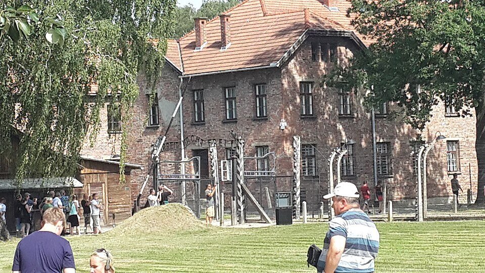 Present-day Auschwitz I main gate and "Arbeit macht frei" sign