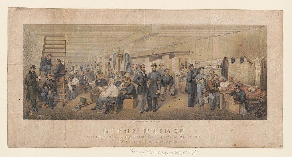1863 color lithograph depicting Union prisoners gathered inside Libby Prison in Richmond.