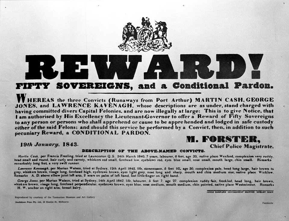 Reward poster for Martin Cash, George Jones and Lawrence Kavenagh