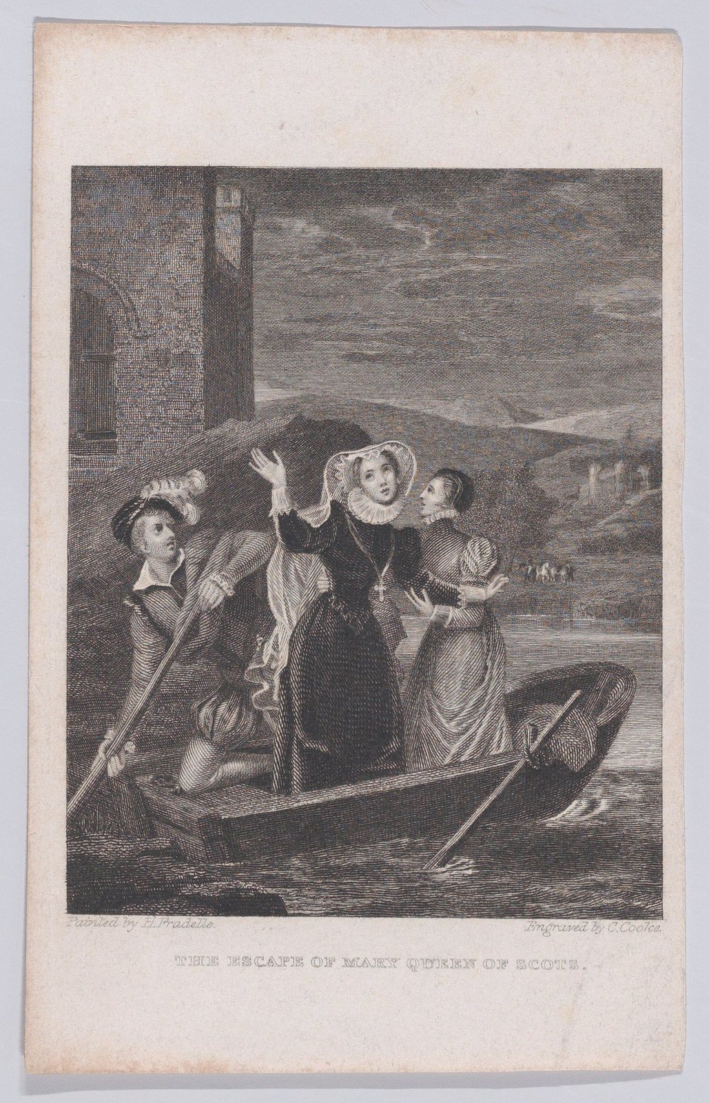 Nineteenth-century engraving imagining Mary, Queen of Scots escaping from Loch Leven Castle.