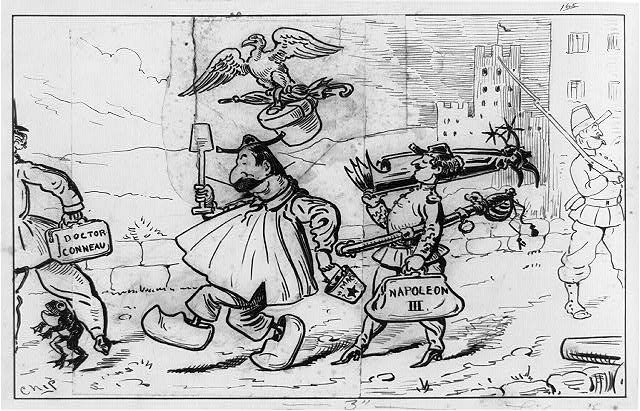 An 1892 cartoon imagining Louis-Napoléon leaving Ham disguised as a workman and carrying a plank.