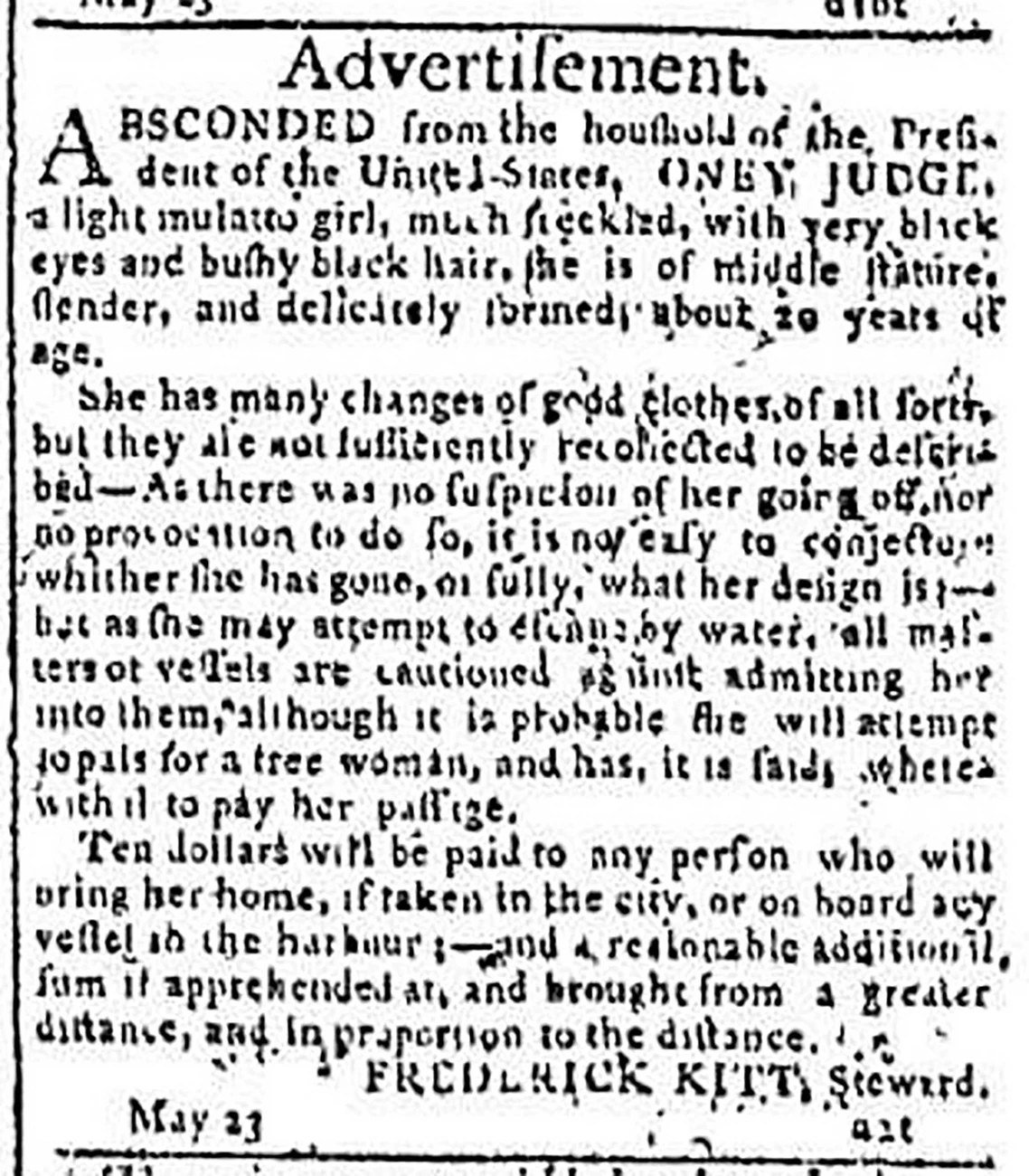 1796 newspaper advertisement offering a reward for the recapture of Oney Judge