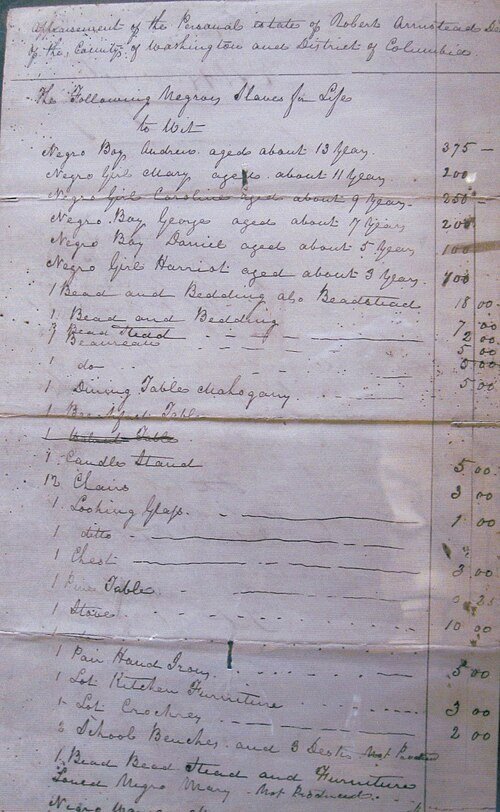 1832 estate appraisal documenting enslaved members of Daniel and Mary Bell's family.