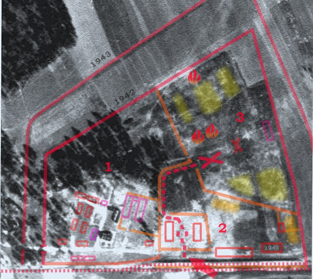 Aerial view of the Treblinka II site in 1944 after the Germans dismantled and disguised the extermination camp.