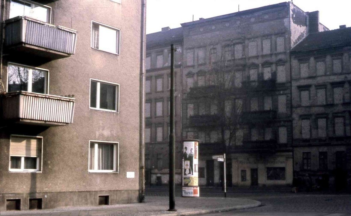 Contemporary view of bricked-up border buildings along Bernauer Straße near Wolgaster Straße