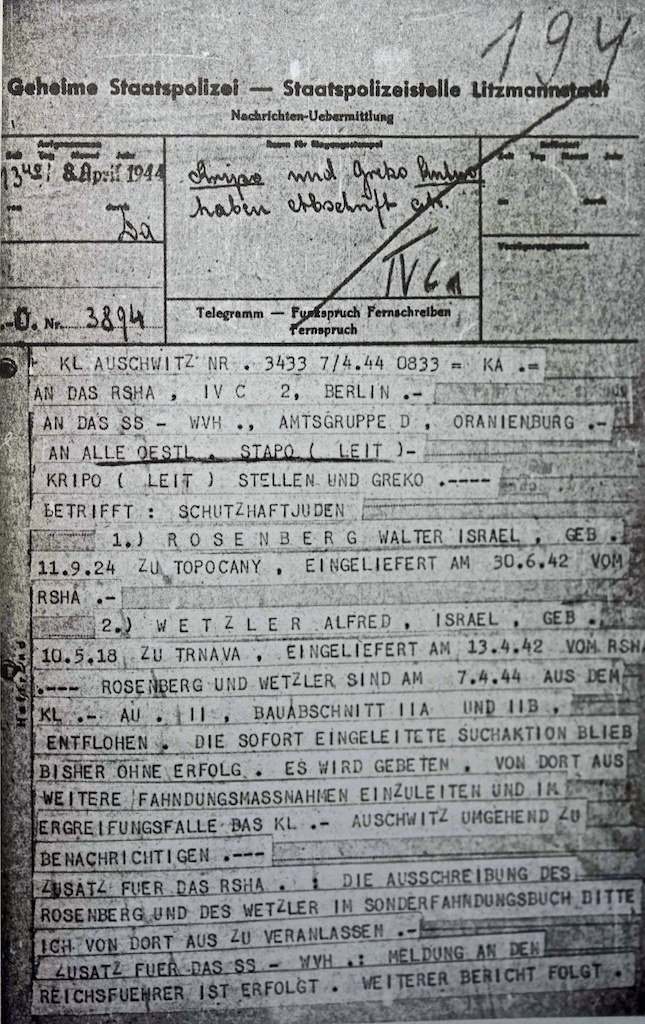 German escape alert dated 8 April 1944 describing Auschwitz prisoners Walter Rosenberg, later Rudolf Vrba, and Alfred Wetzler.