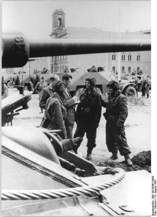 NVA armored personnel carrier/BTR-152-type vehicle in Berlin Wall context, 1961